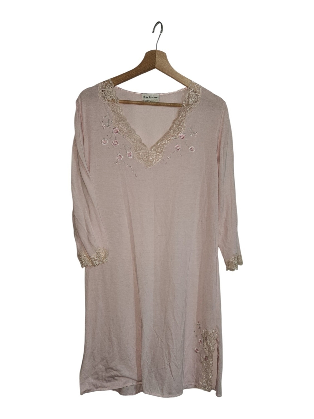 Vintage Miss Elaine Pink Nightgown Lace Trim Floral Embroidered V-Neck Sleepwear